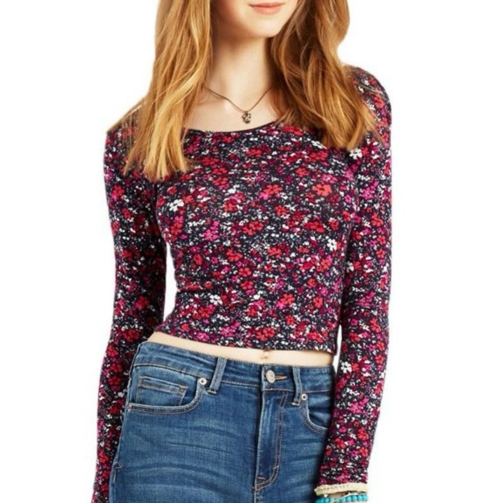 Map to Mars Floral Bodycon Graphic Long Sleeve Cropped Top Blouse Women’s size L